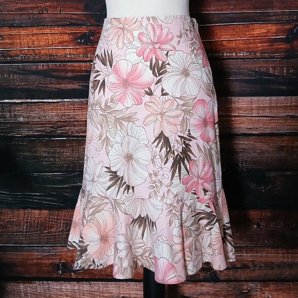 Ann Taylor LOFT Skirt Size 8 Silk Blend Pink Floral Side Zip Lined Flared - Picture 2 of 9